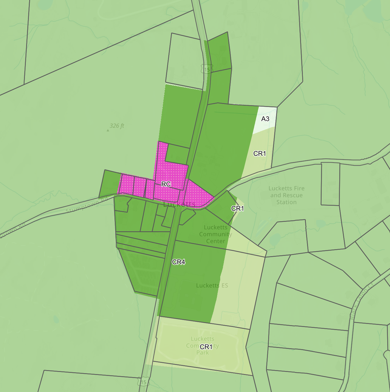 Underlying zoning districts in and around the Lucketts village core